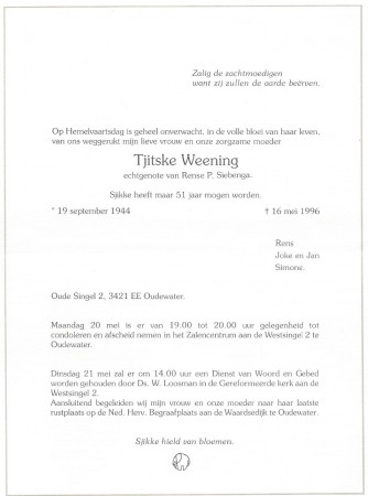 Rouwkaart Tjitske Weening